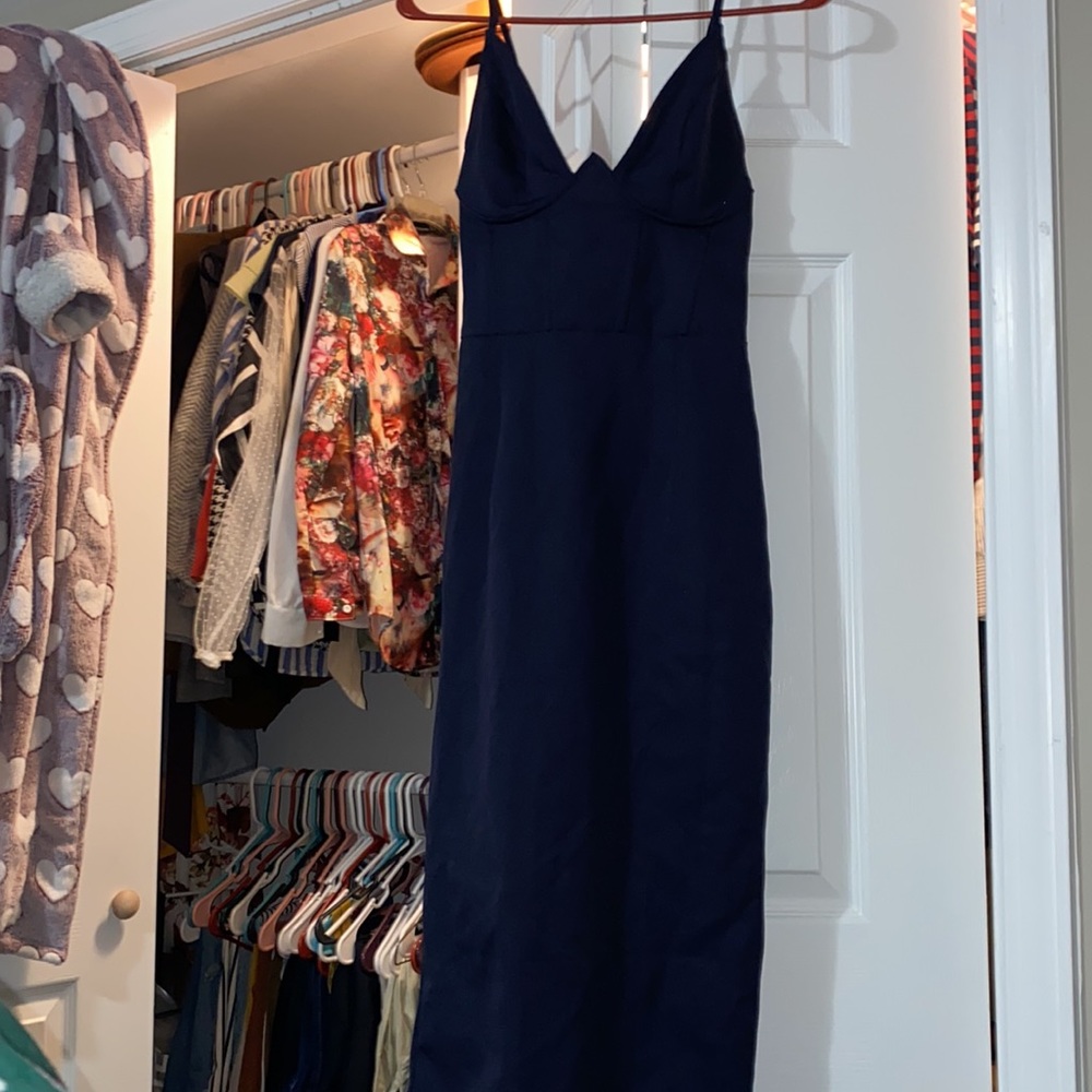 Navy V Bar Binded Midi Dress